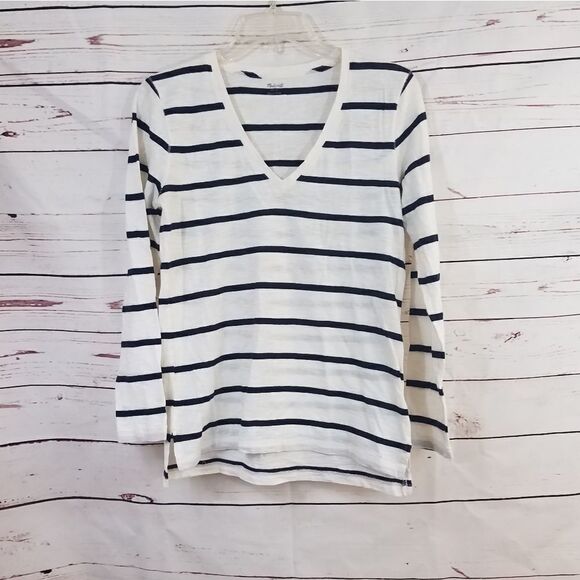 MADEWELL Black White Striped V-Neck Top - Picture 1 of 5